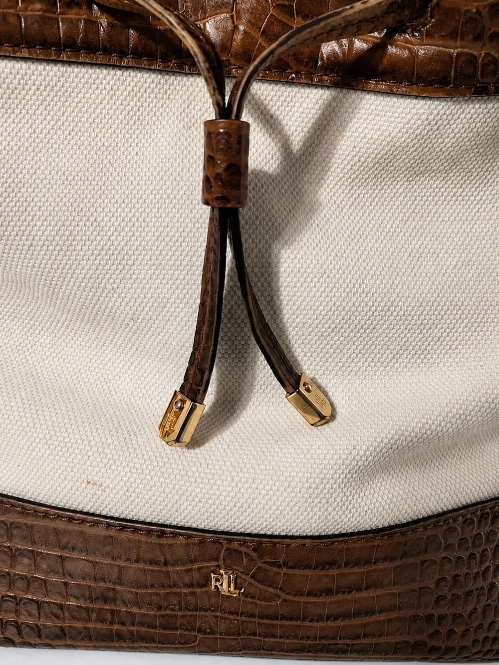 Ralph Lauren Cream Canvas Croc Embossed Leather Shoulder Bag